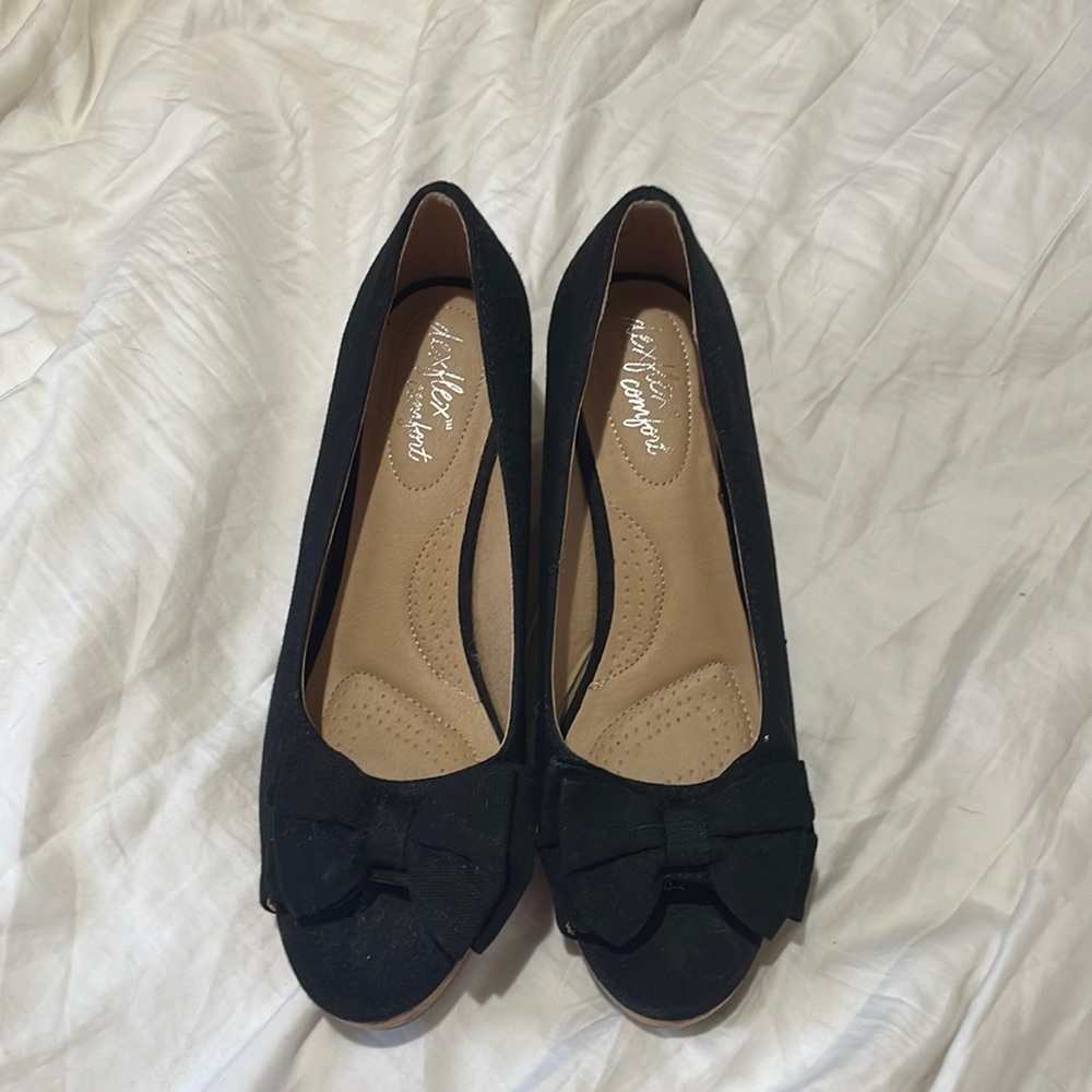Dexflex comfort 8m black wedge espadrille peep toe bow topped euc